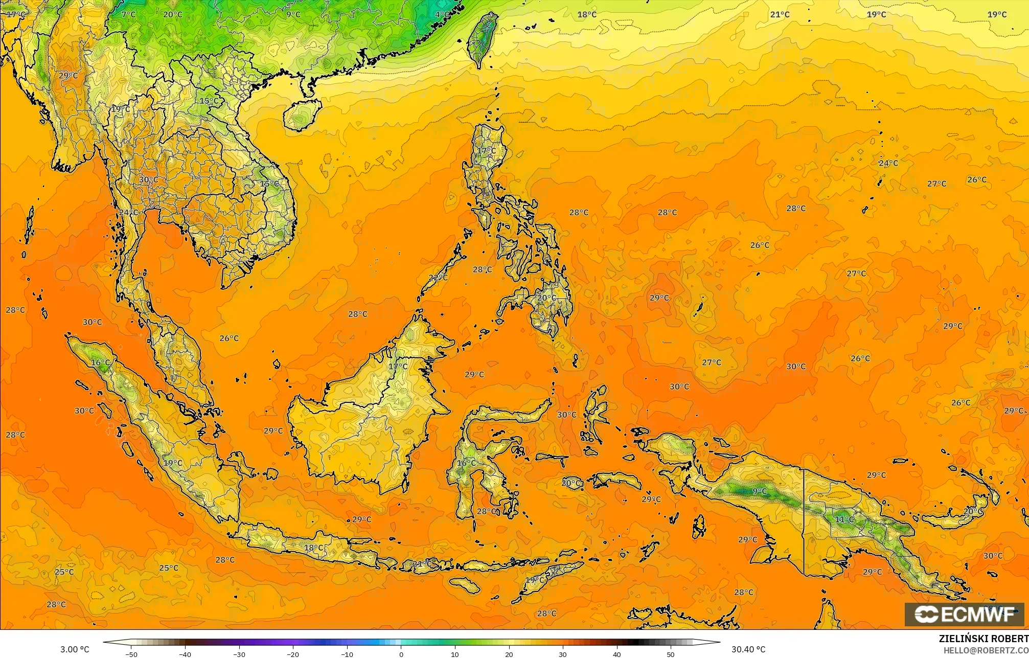 ECMWF IFS 0.25° model - South East Asia, Temperature at 2m