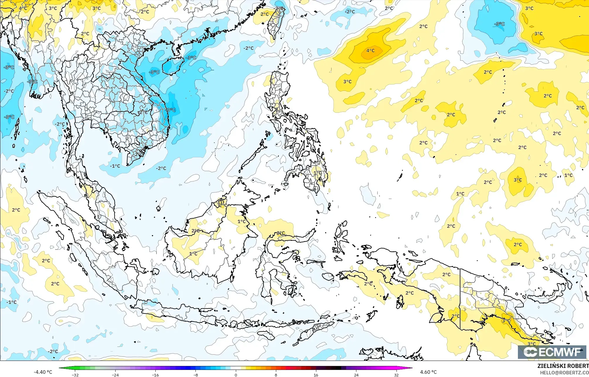 ECMWF IFS 0.25° model - South East Asia, Temperature at 850hPa Anomaly