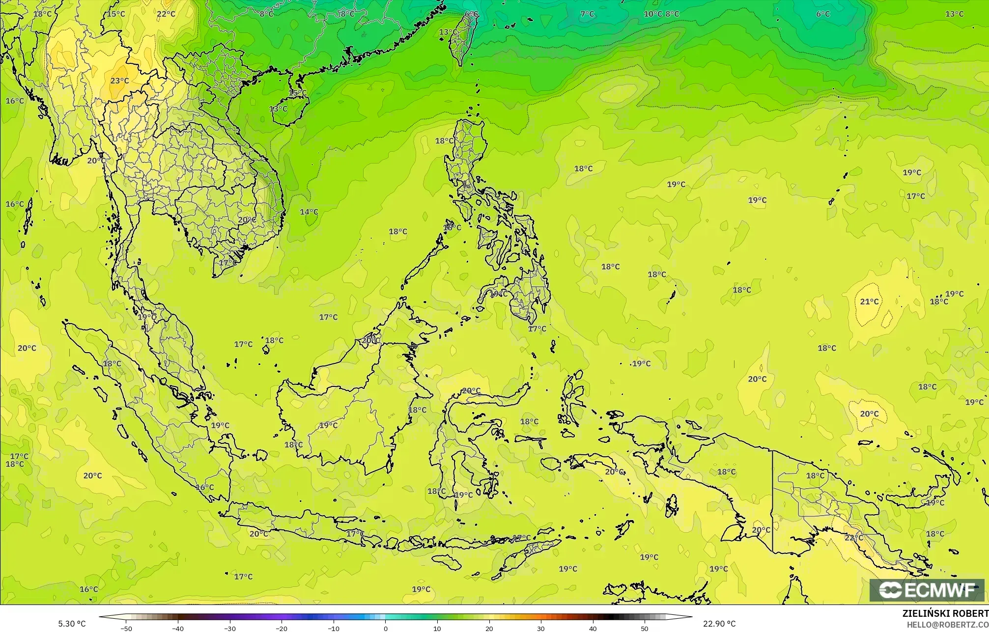 ECMWF IFS 0.25° model - South East Asia, Temperature at 850hPa