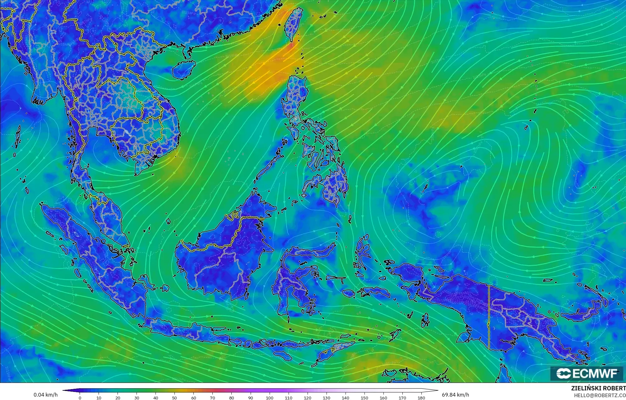 ECMWF IFS 0.25° model - South East Asia, Wind at 10m