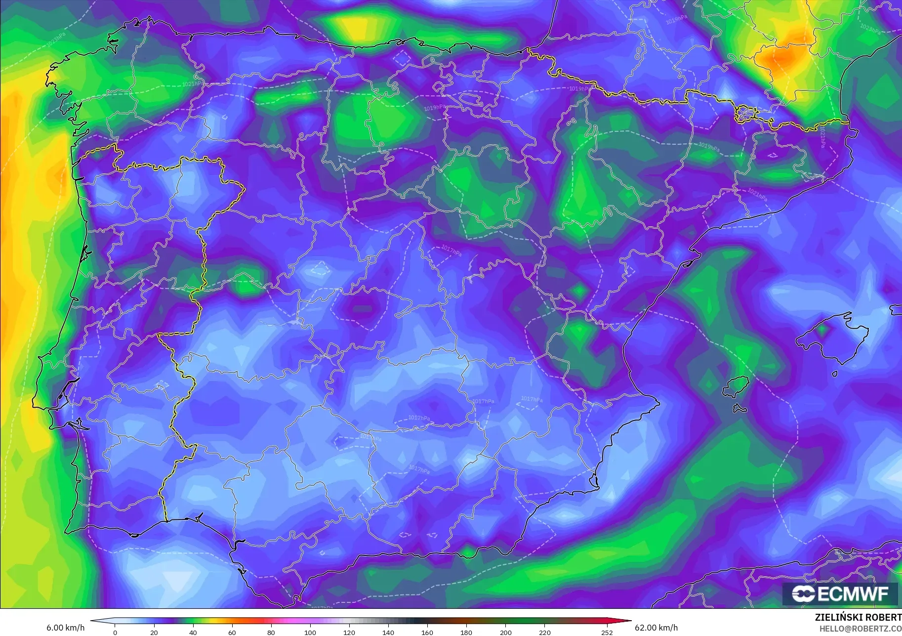 ECMWF IFS 0.25° model - Spain, Wind Gusts Peak