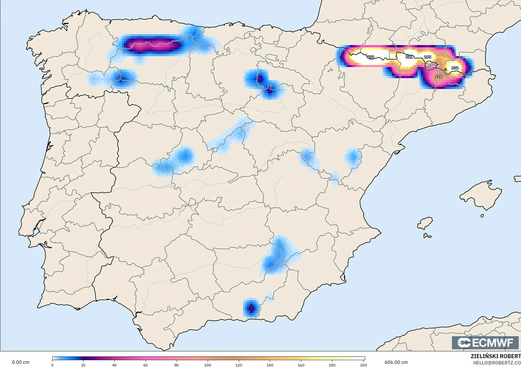 ECMWF IFS 0.25° model - Spain, Snow Depth