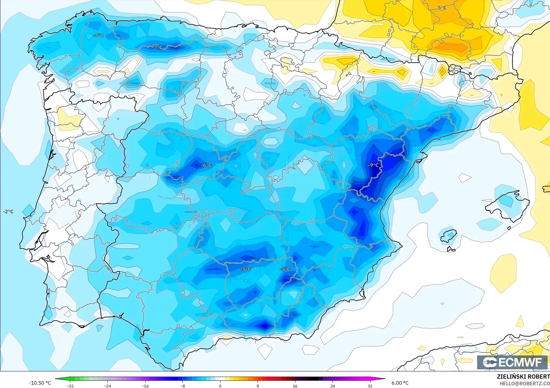 ECMWF IFS 0.25° model - Spain, Temperature at 2m Anomaly