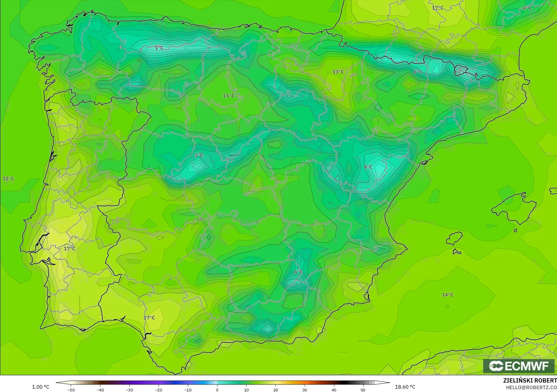 ECMWF IFS 0.25° model - Spain, Temperature at 2m