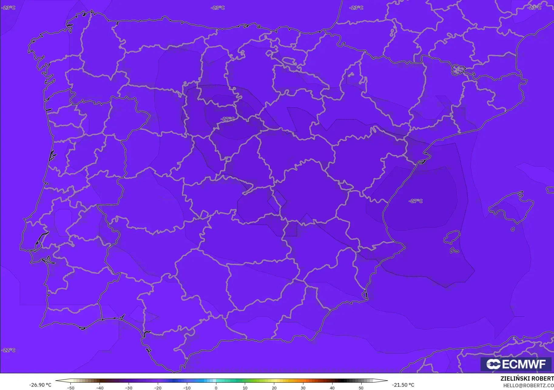 ECMWF IFS 0.25° model - Spain, Temperature at 500hPa