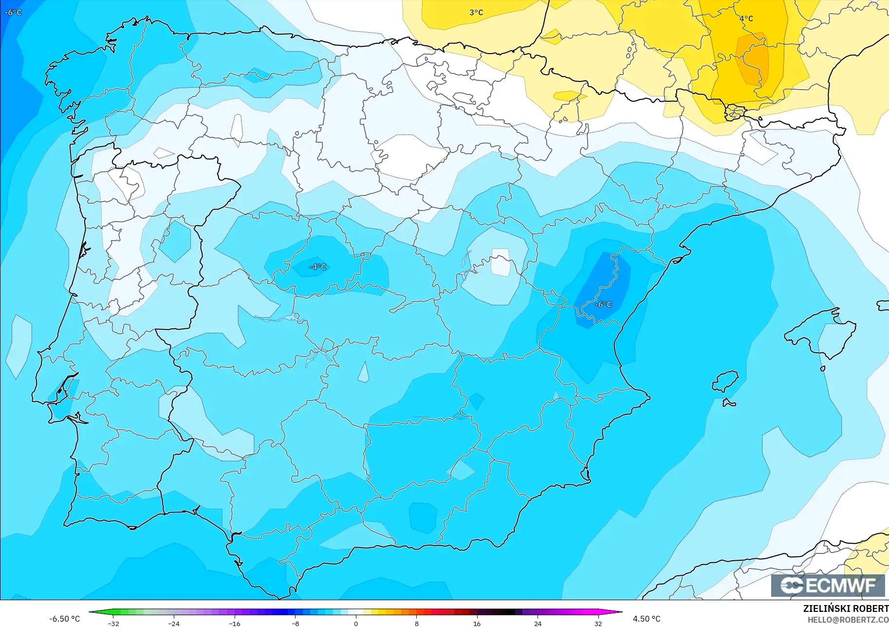 ECMWF IFS 0.25° model - Spain, Temperature at 850hPa Anomaly