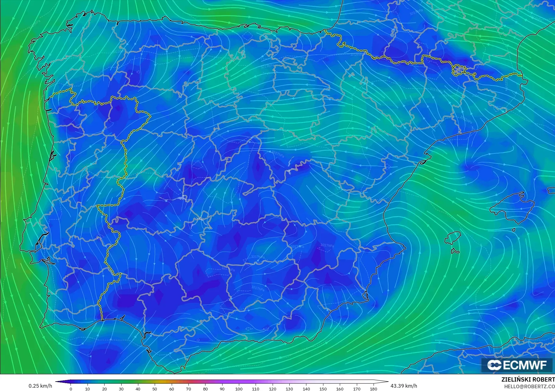 ECMWF IFS 0.25° model - Spain, Wind at 10m