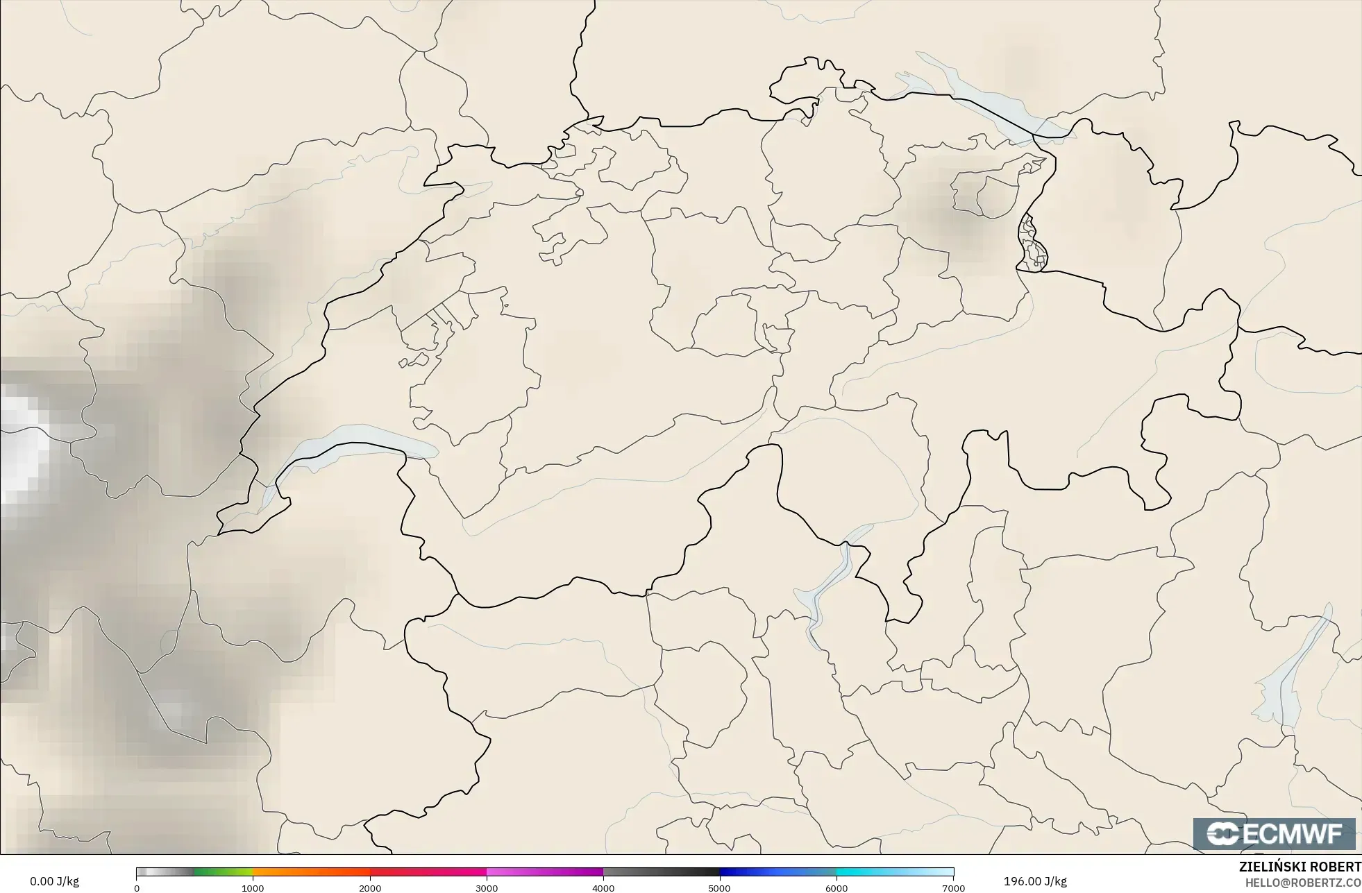 ECMWF IFS 0.25° model - Switzerland, CAPE