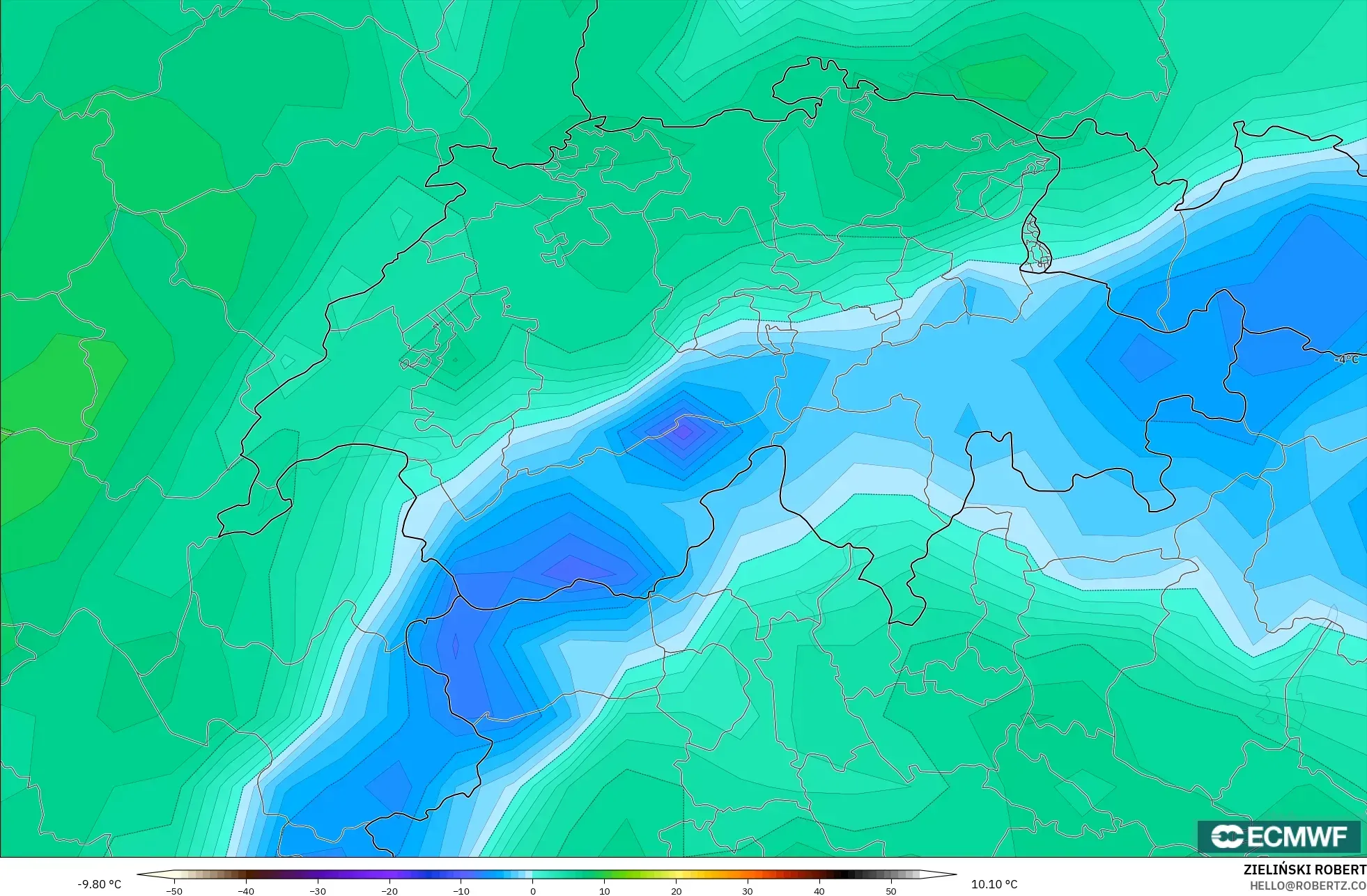 ECMWF IFS 0.25° model - Switzerland, Dewpoint at 2m
