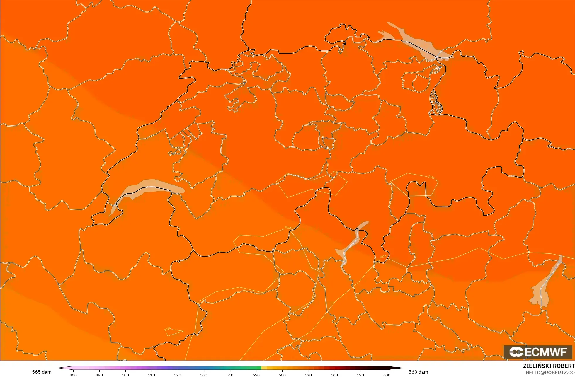 ECMWF IFS 0.25° model - Switzerland, Geopotential height at 500hPa