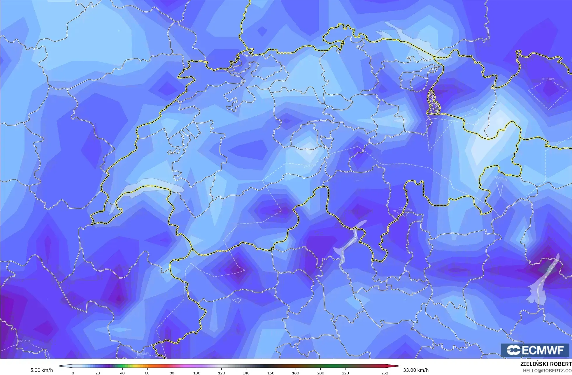 ECMWF IFS 0.25° model - Switzerland, Wind Gusts Peak