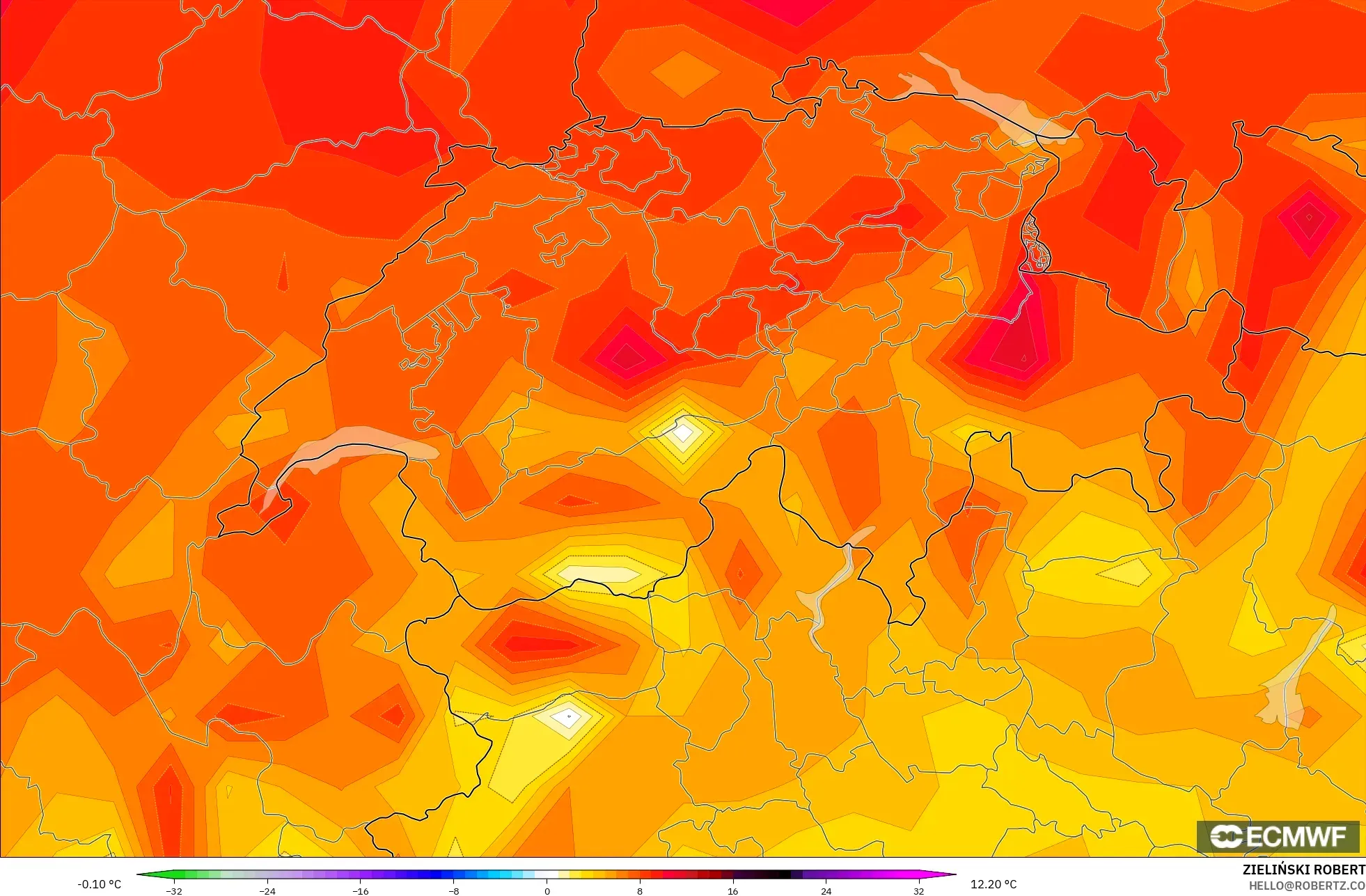 ECMWF IFS 0.25° model - Switzerland, Temperature at 2m Anomaly