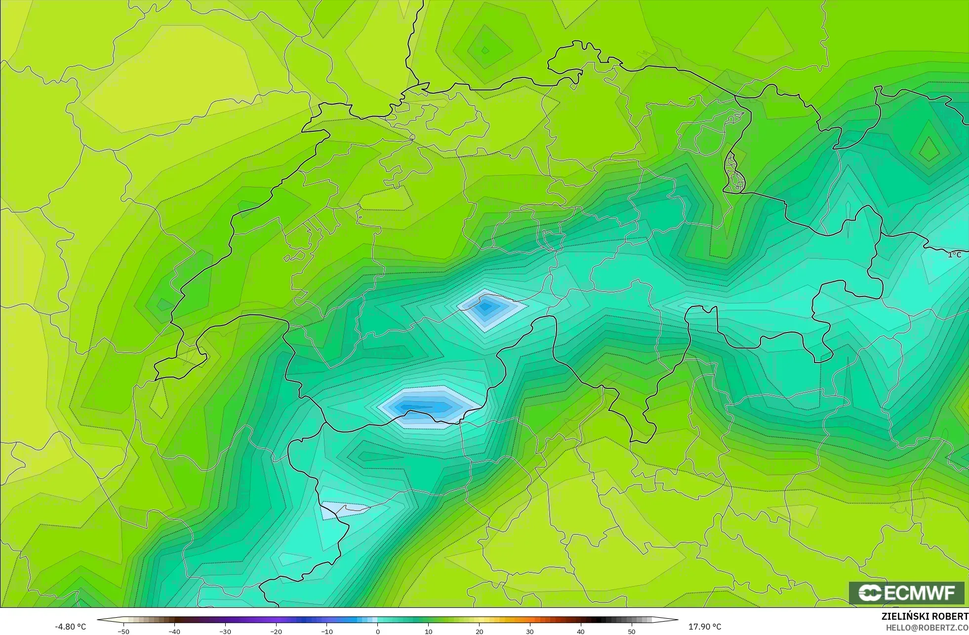 ECMWF IFS 0.25° model - Switzerland, Temperature at 2m