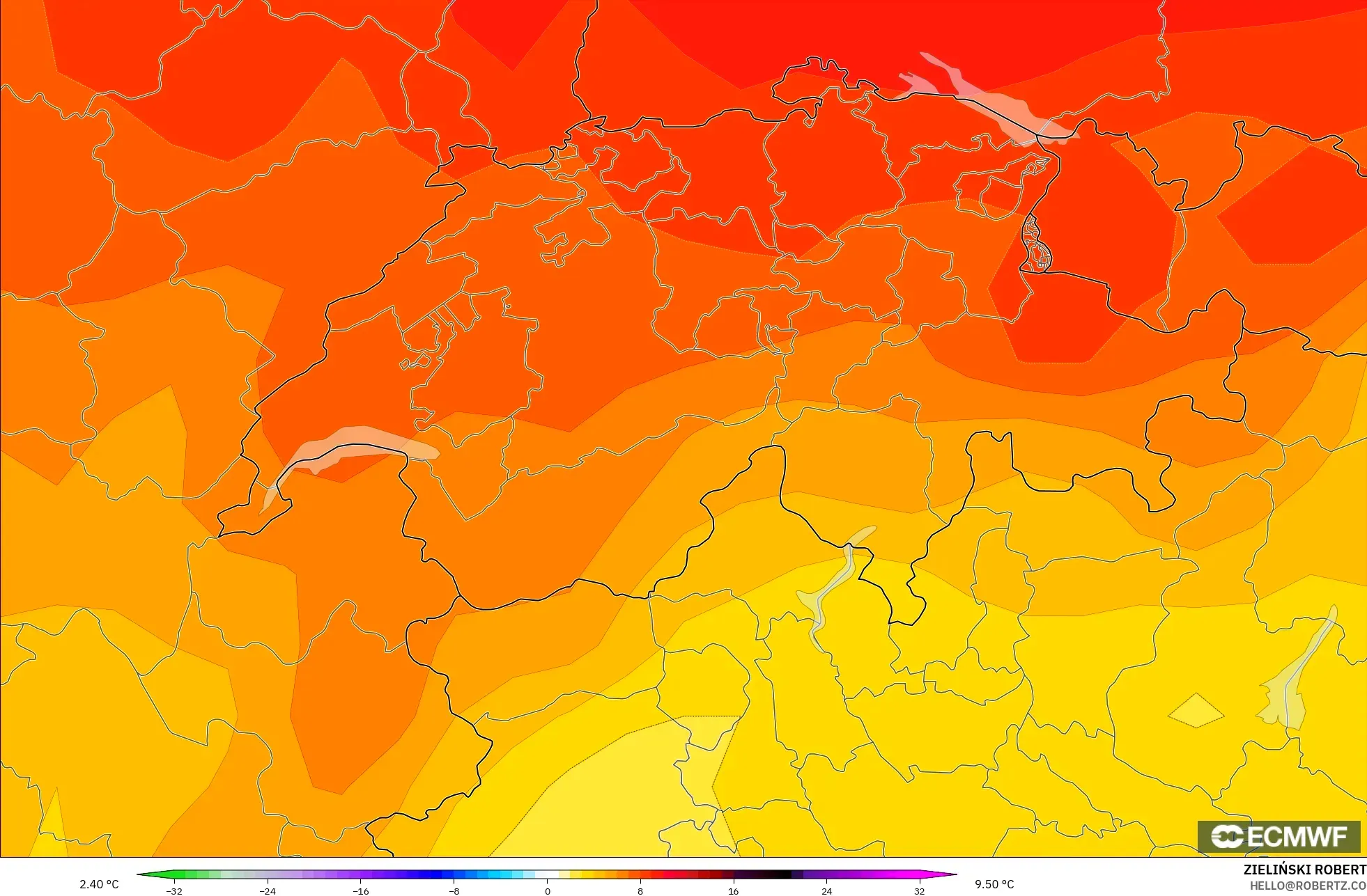 ECMWF IFS 0.25° model - Switzerland, Temperature at 850hPa Anomaly