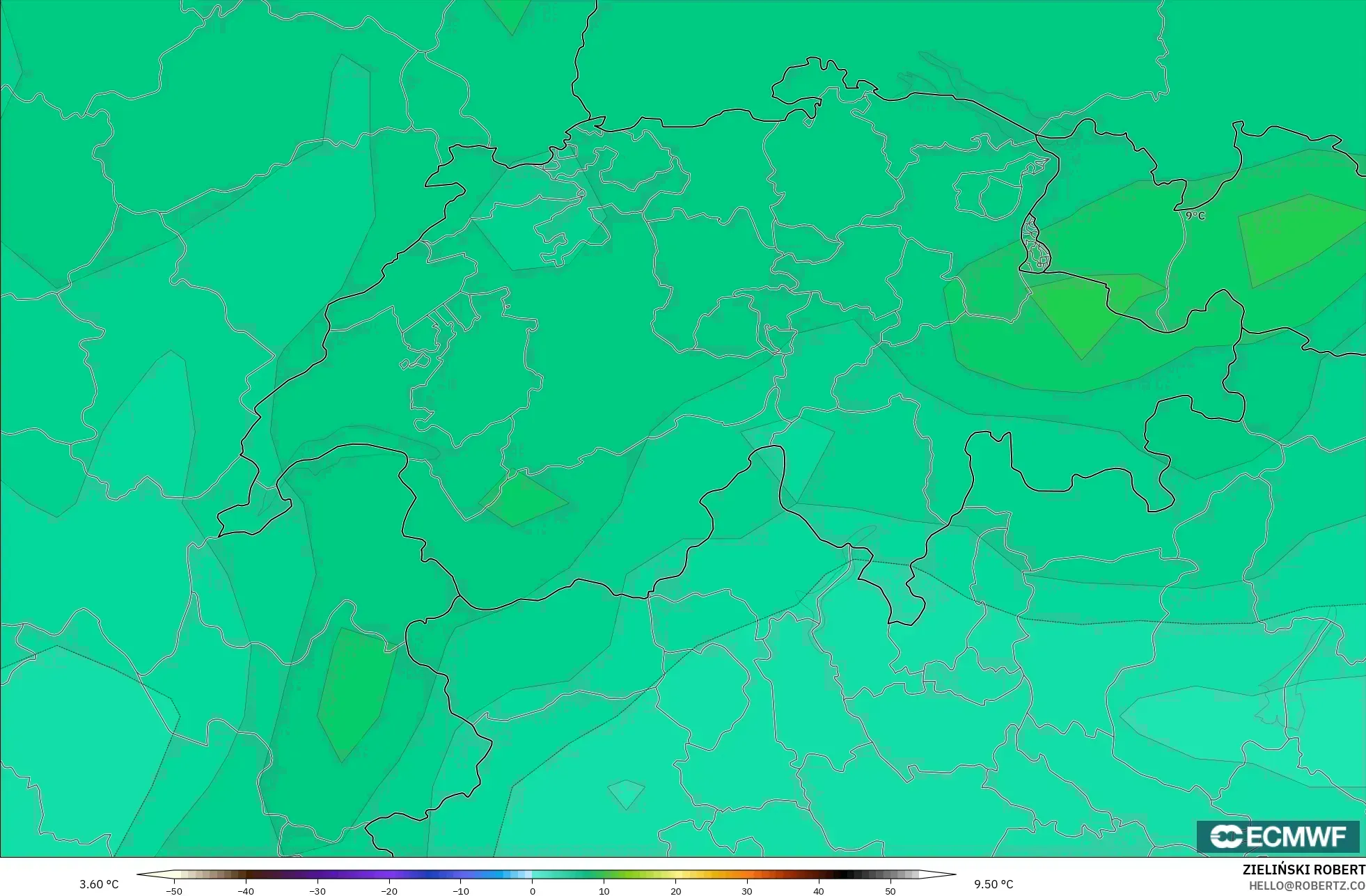 ECMWF IFS 0.25° model - Switzerland, Temperature at 850hPa