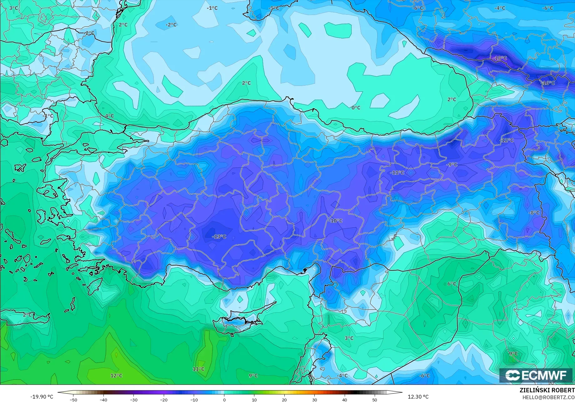 ECMWF IFS 0.25° model - Turkey, Dewpoint at 2m