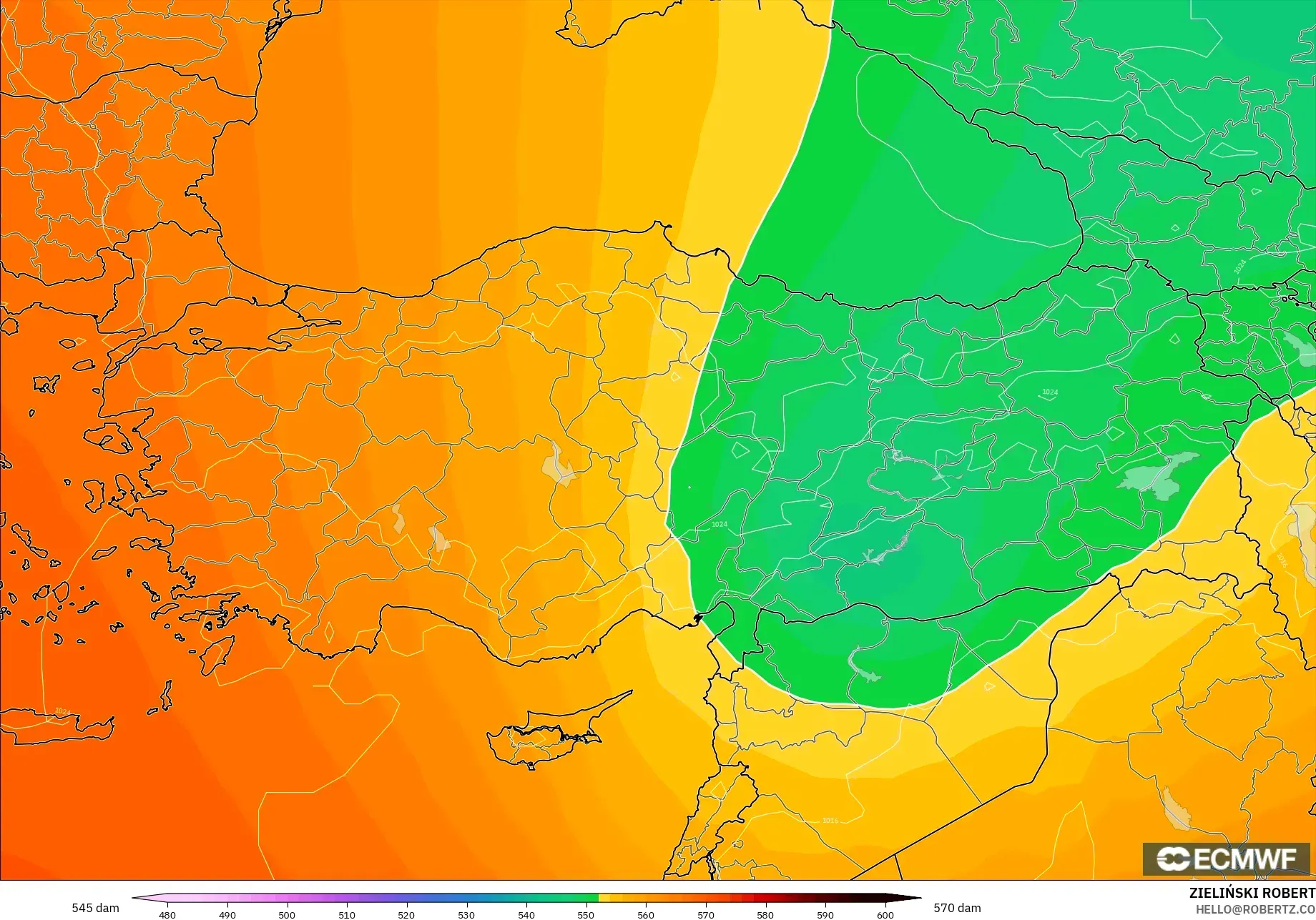 ECMWF IFS 0.25° model - Turkey, Geopotential height at 500hPa