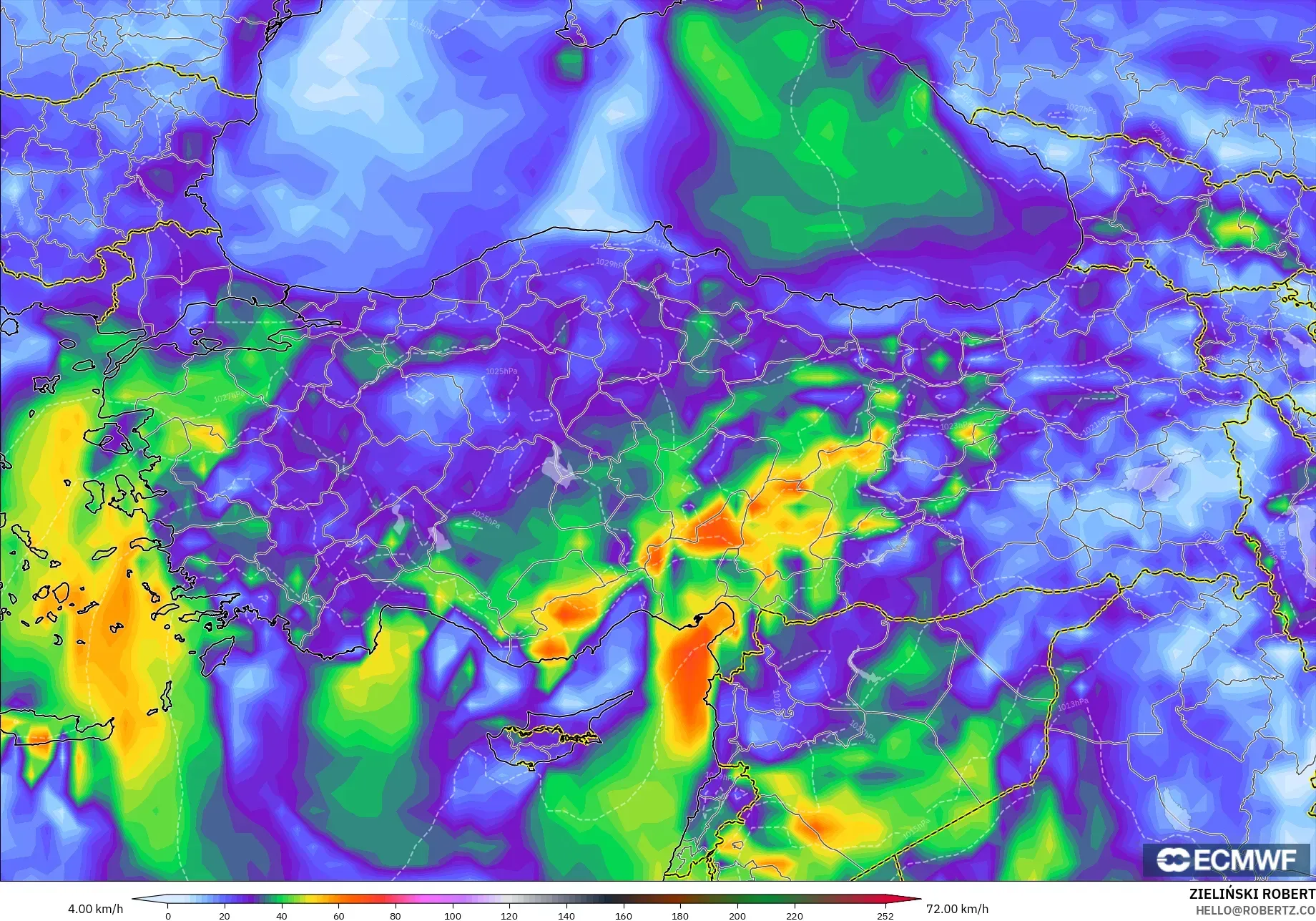 ECMWF IFS 0.25° model - Turkey, Wind Gusts