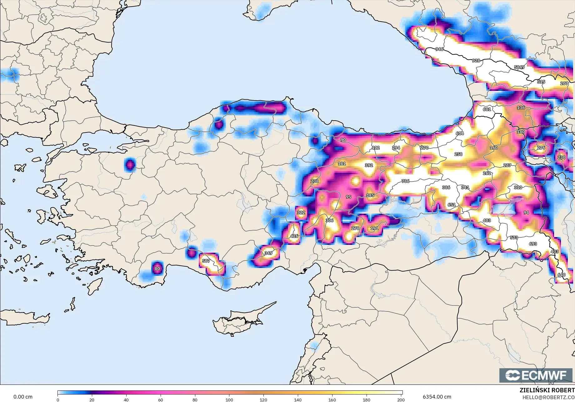 ECMWF IFS 0.25° model - Turkey, Snow Depth