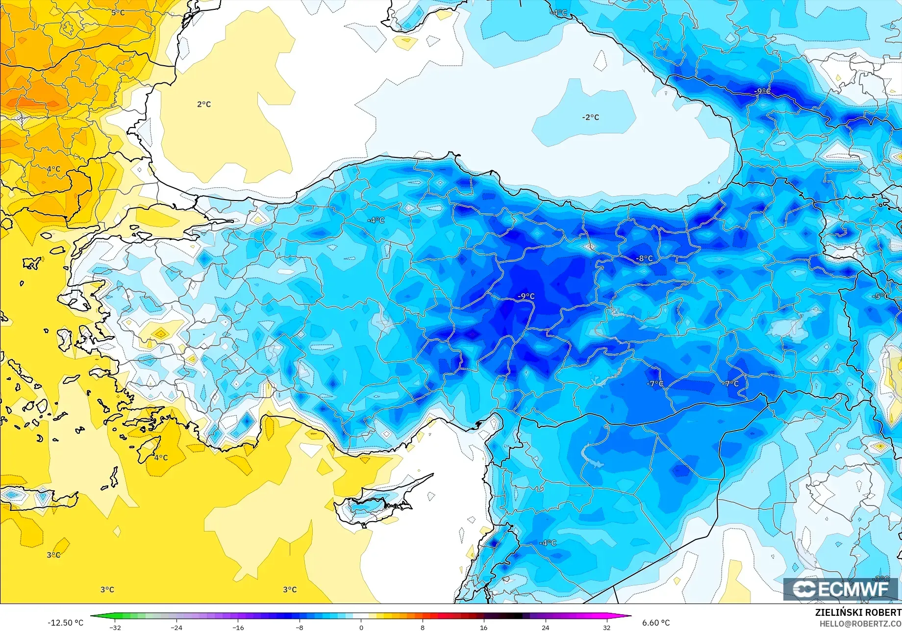 ECMWF IFS 0.25° model - Turkey, Temperature at 2m Anomaly
