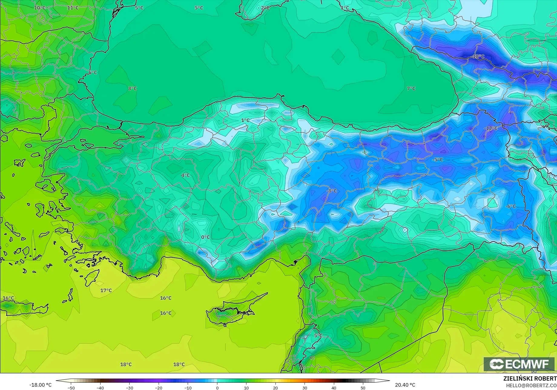 ECMWF IFS 0.25° model - Turkey, Temperature at 2m