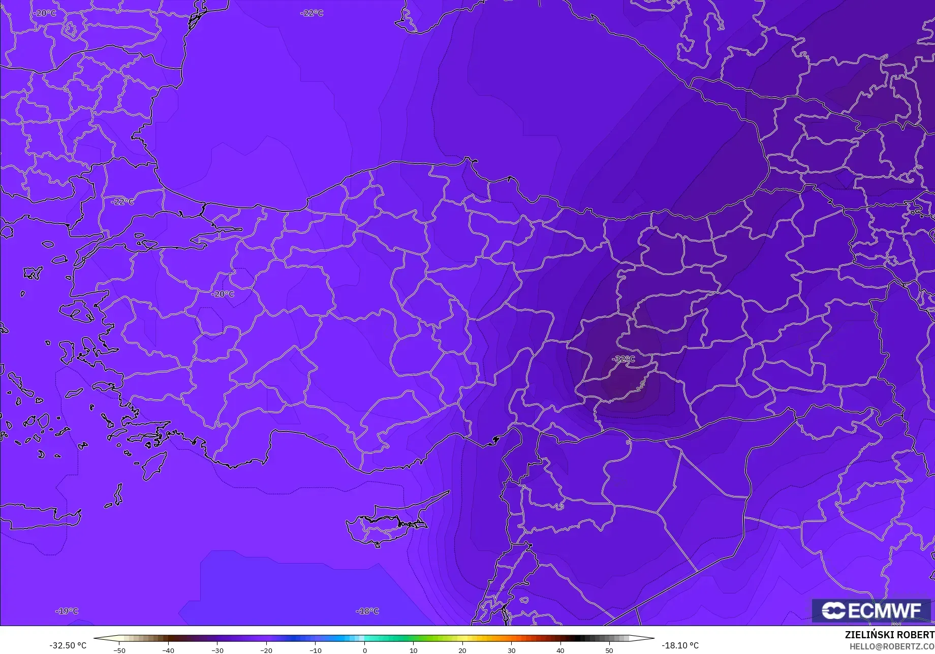 ECMWF IFS 0.25° model - Turkey, Temperature at 500hPa