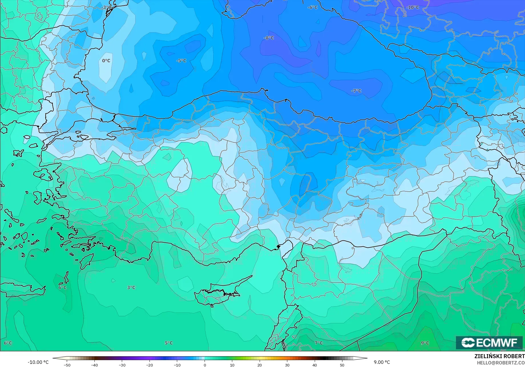 ECMWF IFS 0.25° model - Turkey, Temperature at 850hPa