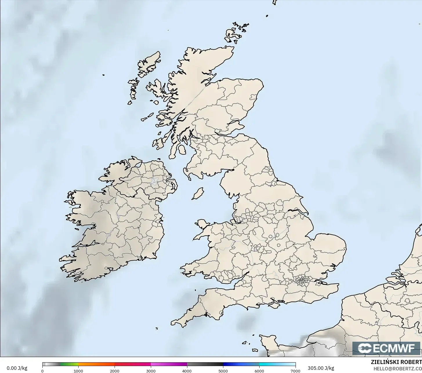 ECMWF IFS 0.25° model - United Kingdom, CAPE