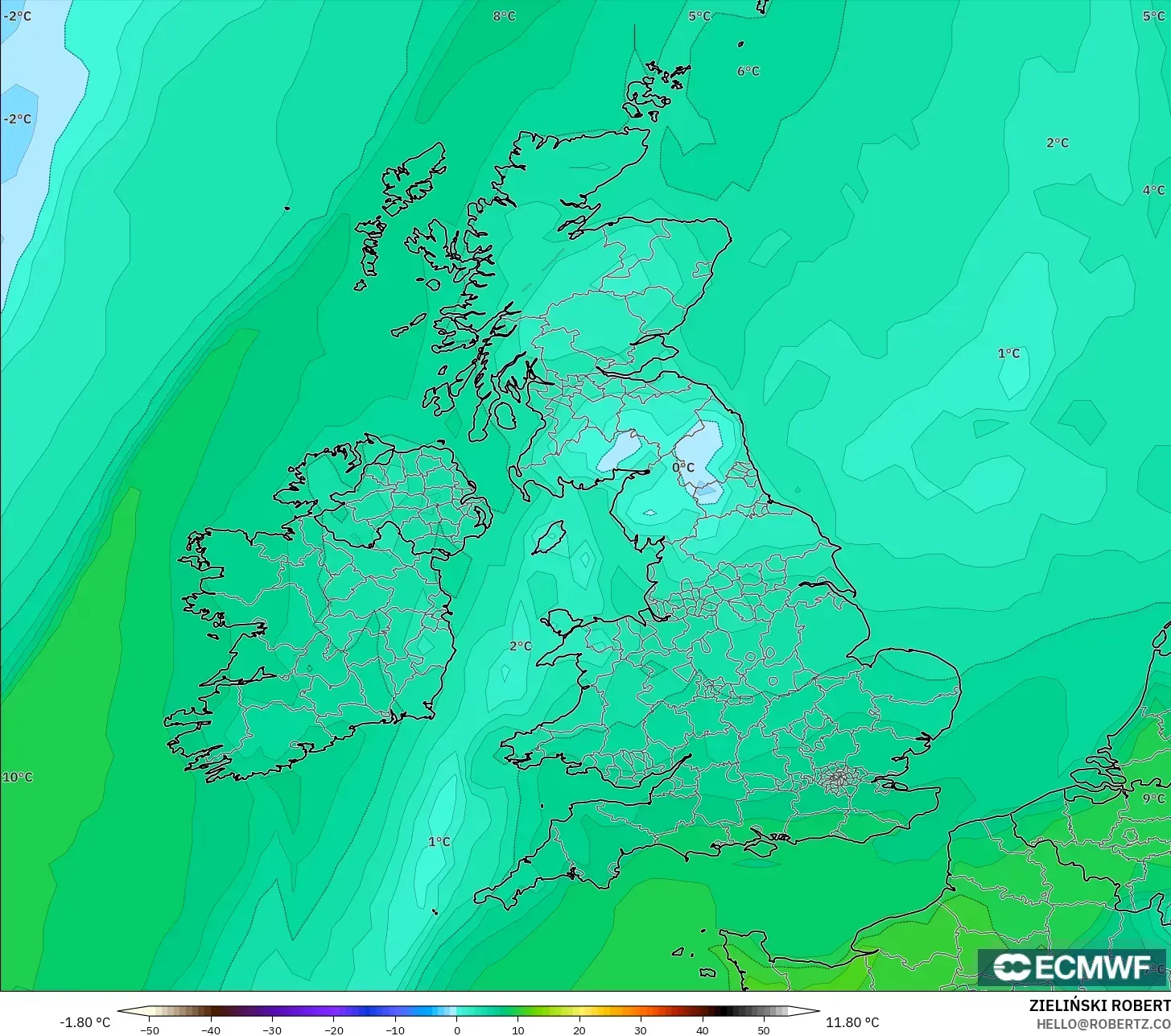 ECMWF IFS 0.25° model - United Kingdom, Dewpoint at 2m