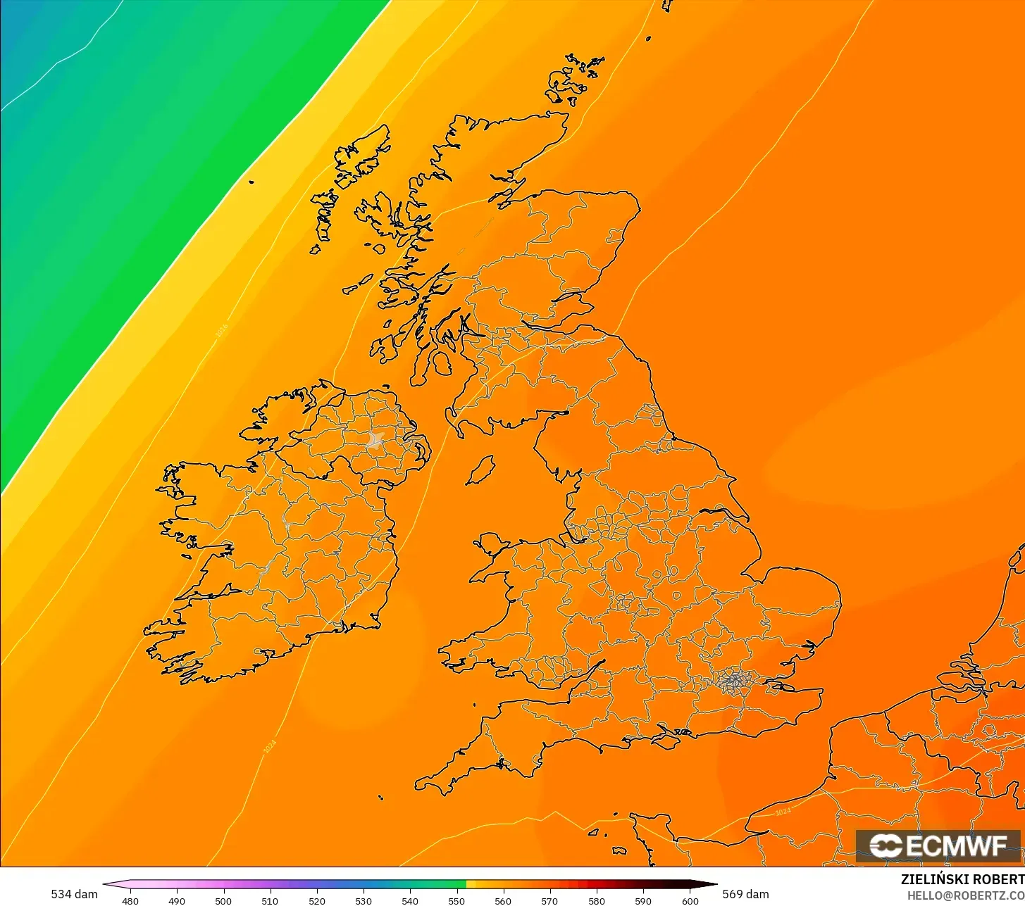 ECMWF IFS 0.25° model - United Kingdom, Geopotential height at 500hPa