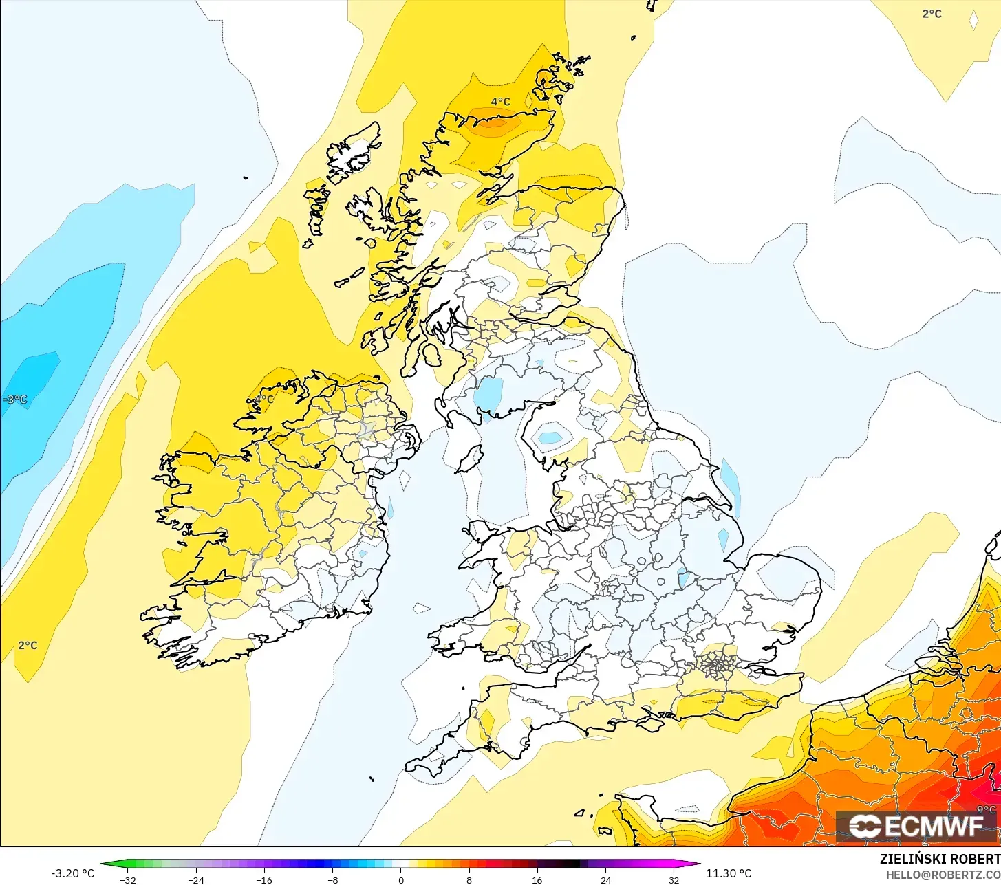 ECMWF IFS 0.25° model - United Kingdom, Temperature at 2m Anomaly