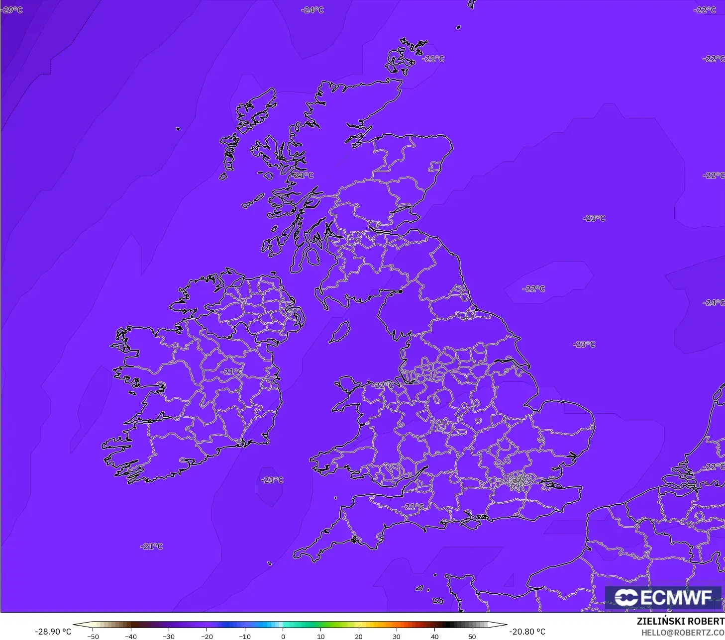ECMWF IFS 0.25° model - United Kingdom, Temperature at 500hPa
