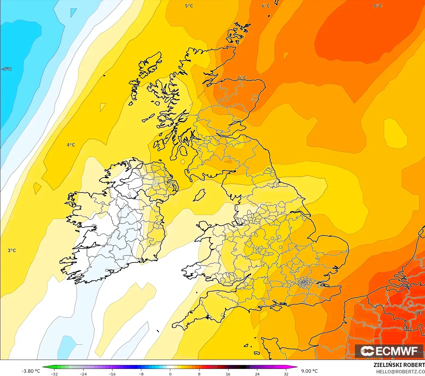 ECMWF IFS 0.25° model - United Kingdom, Temperature at 850hPa Anomaly