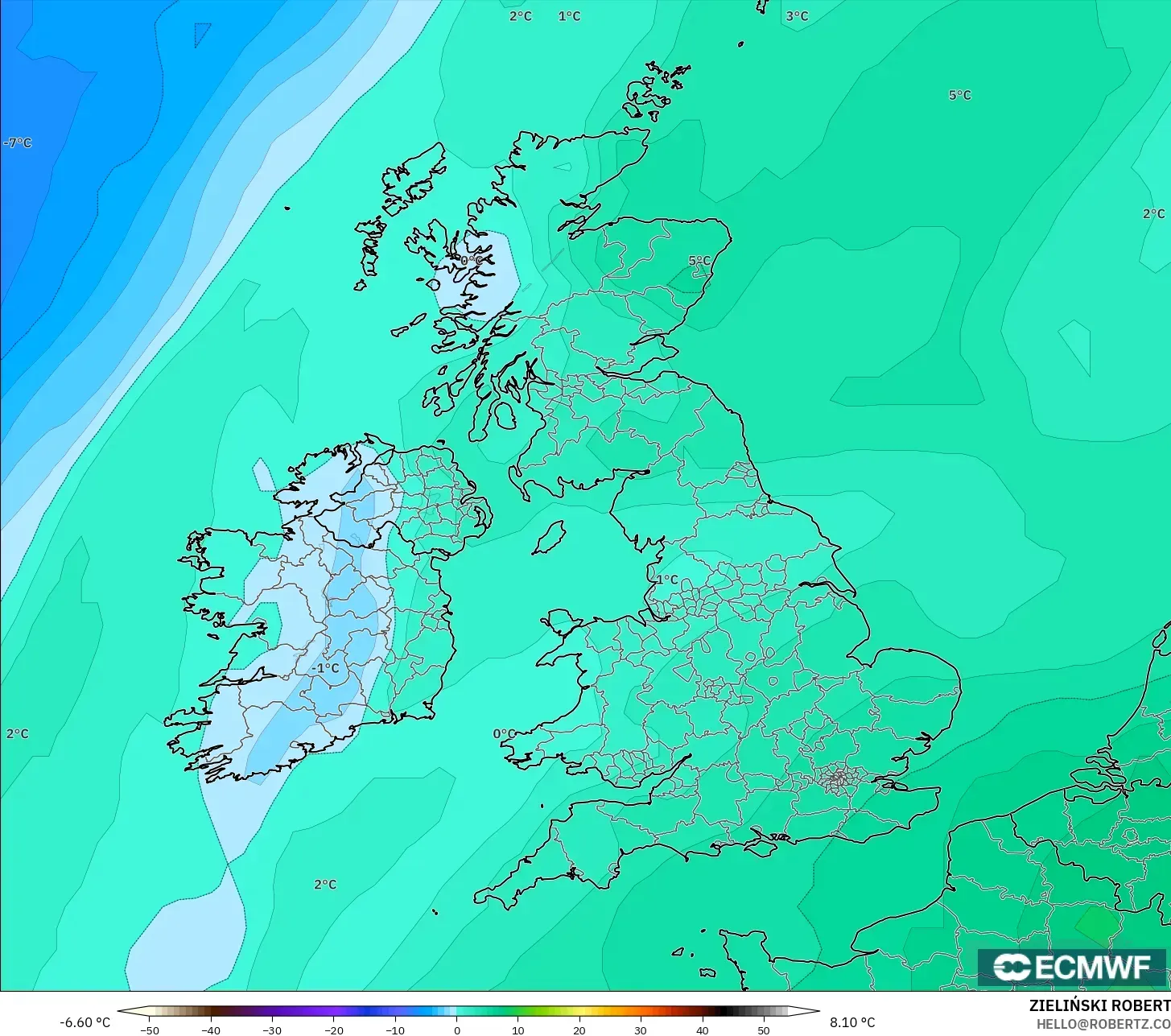ECMWF IFS 0.25° model - United Kingdom, Temperature at 850hPa