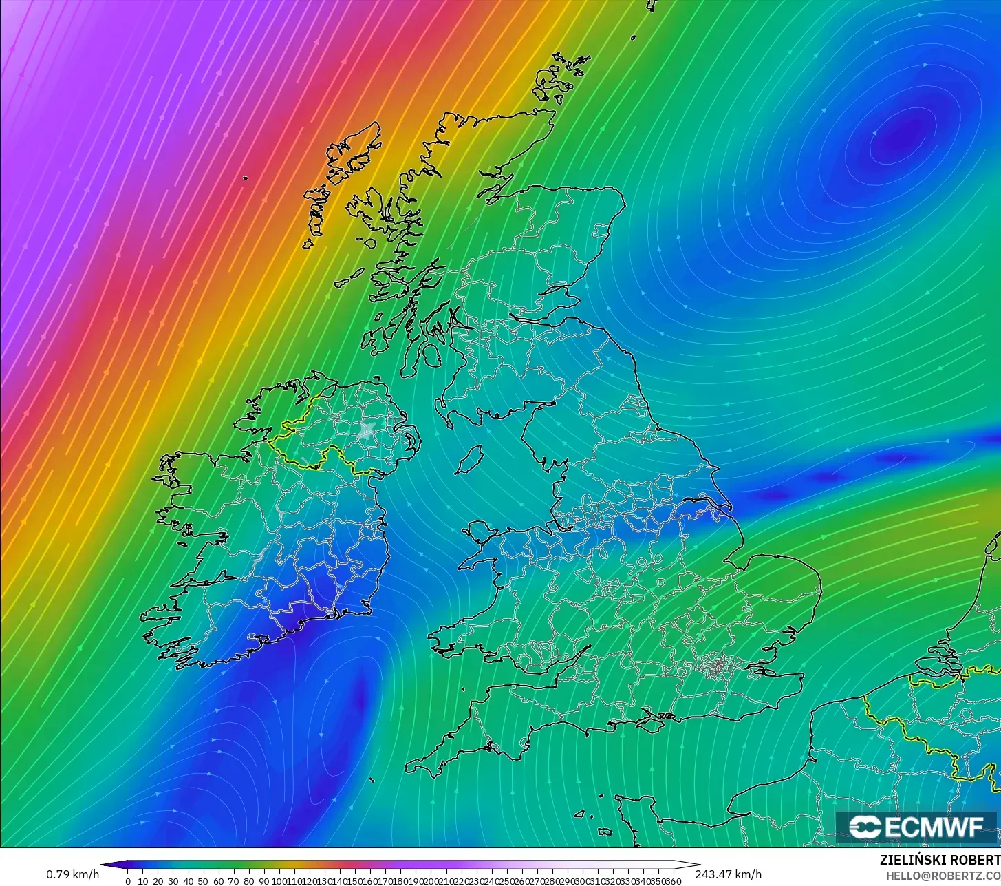 ECMWF IFS 0.25° model - United Kingdom, Wind at 300hPa (jet stream)