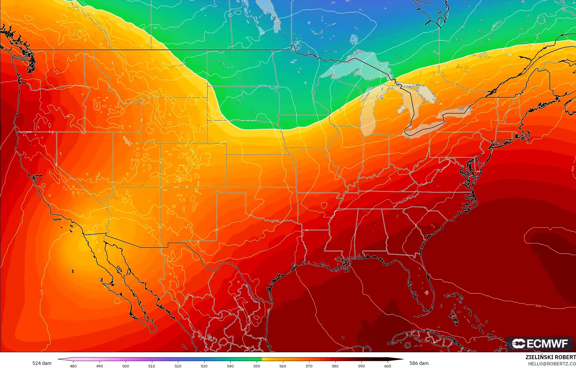 ECMWF IFS 0.25° model - United States, Geopotential height at 500hPa