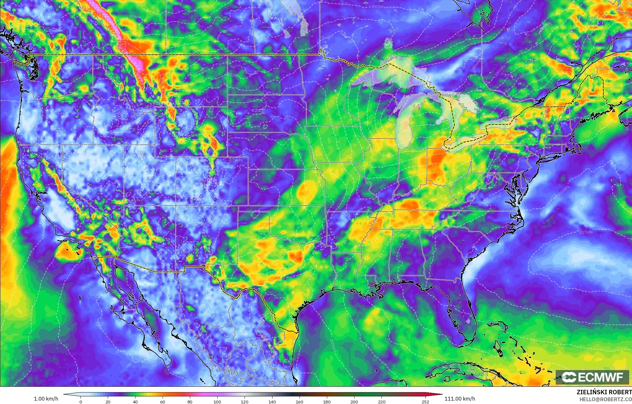 ECMWF IFS 0.25° model - United States, Wind Gusts