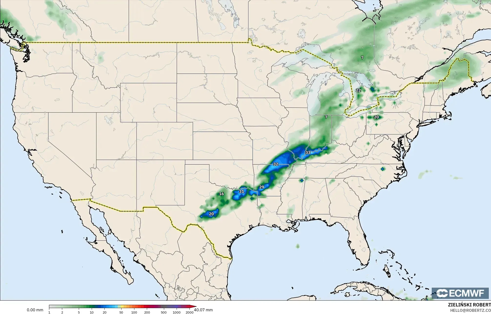 ECMWF IFS 0.25° model - United States, Precipitation Accumulation