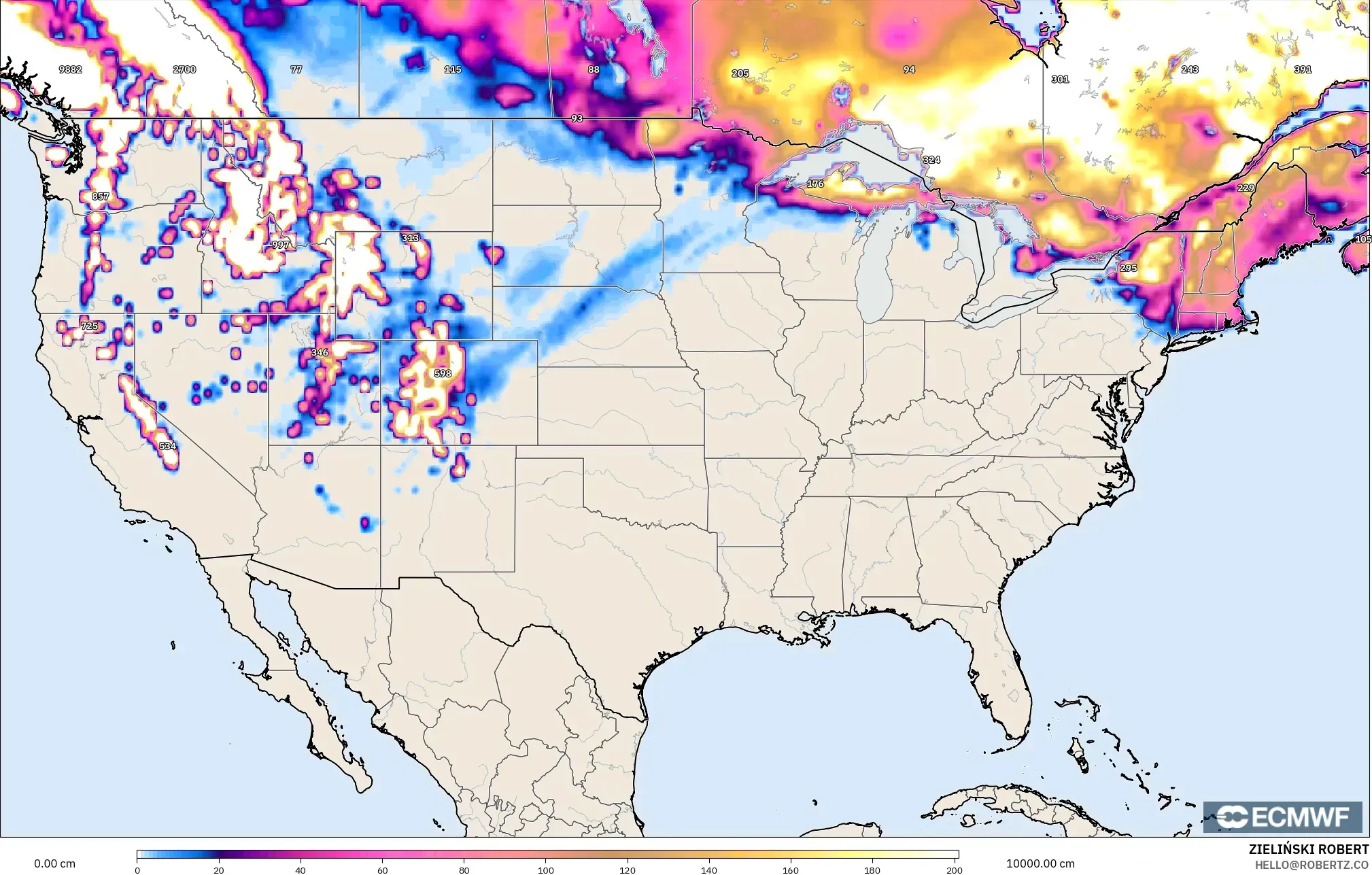 ECMWF IFS 0.25° model - United States, Snow Depth