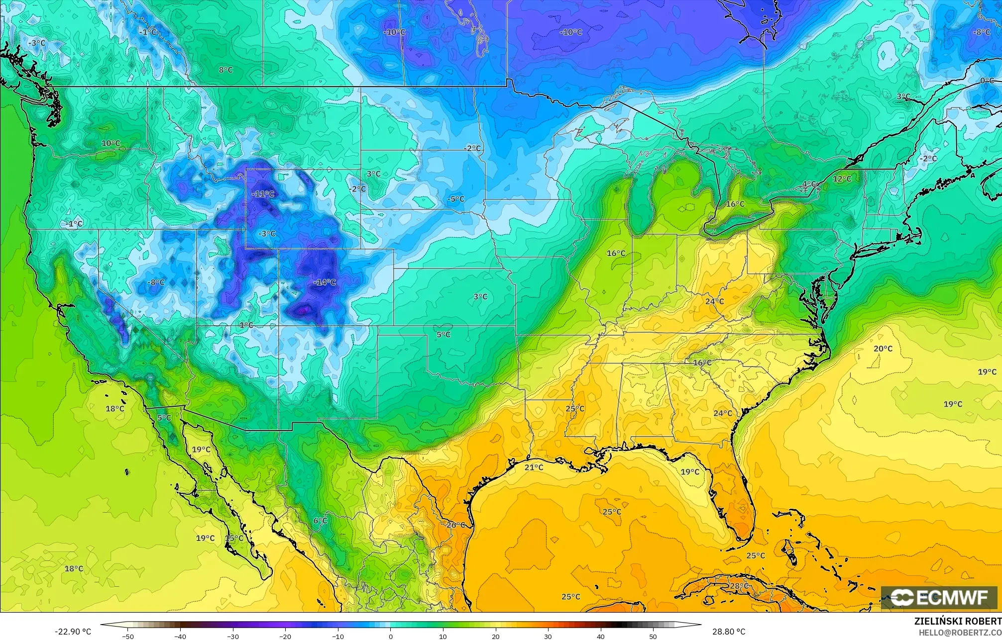 ECMWF IFS 0.25° model - United States, Temperature at 2m