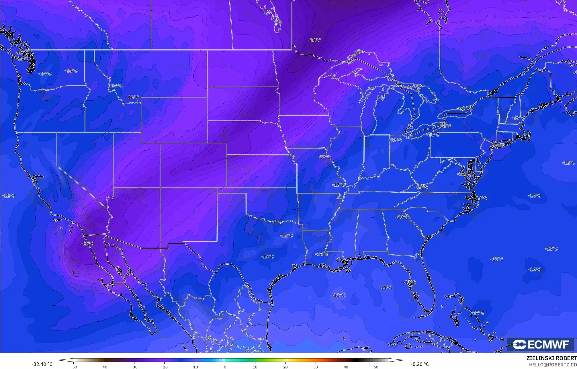 ECMWF IFS 0.25° model - United States, Temperature at 500hPa