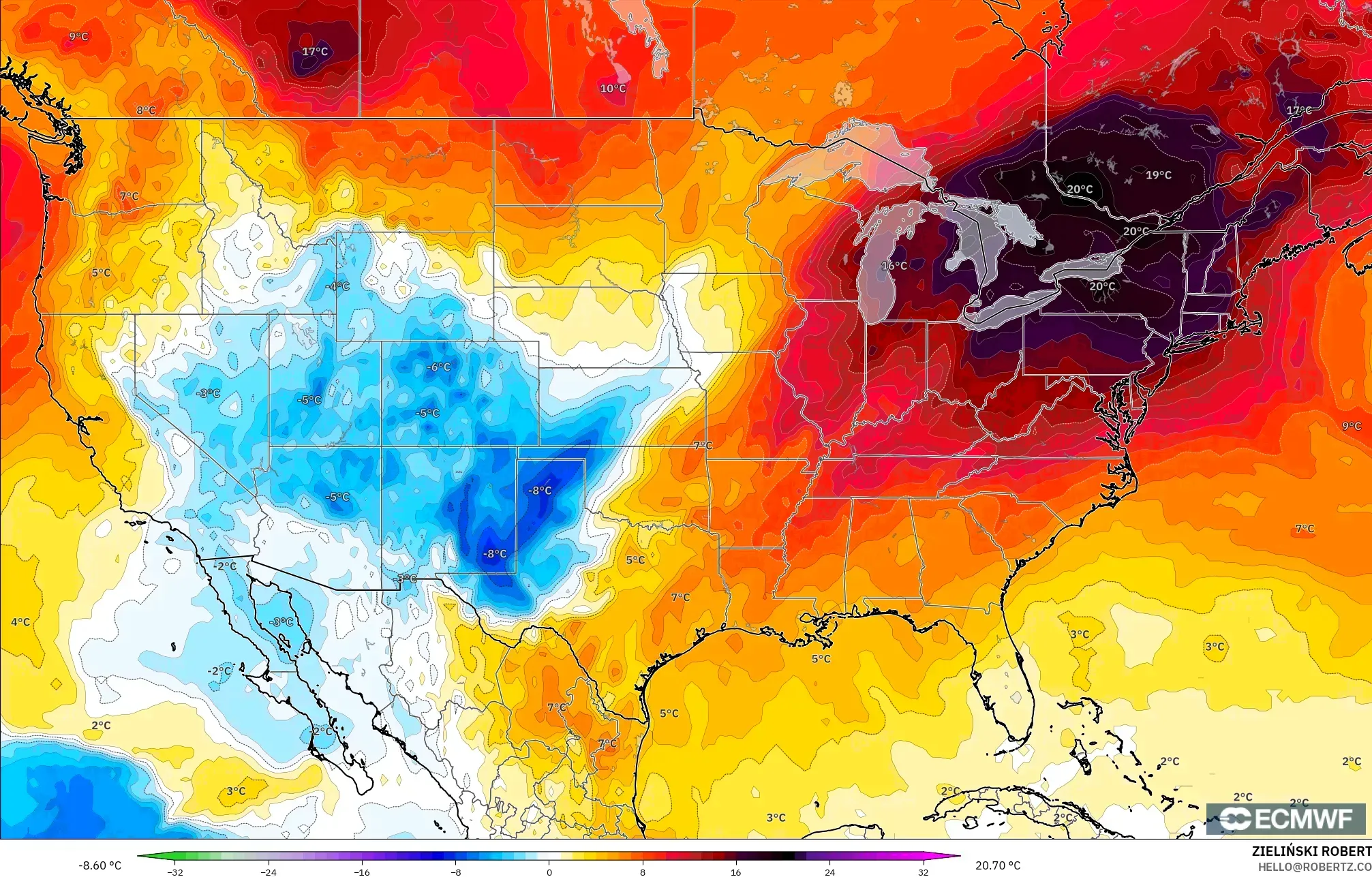 ECMWF IFS 0.25° model - United States, Temperature at 850hPa Anomaly