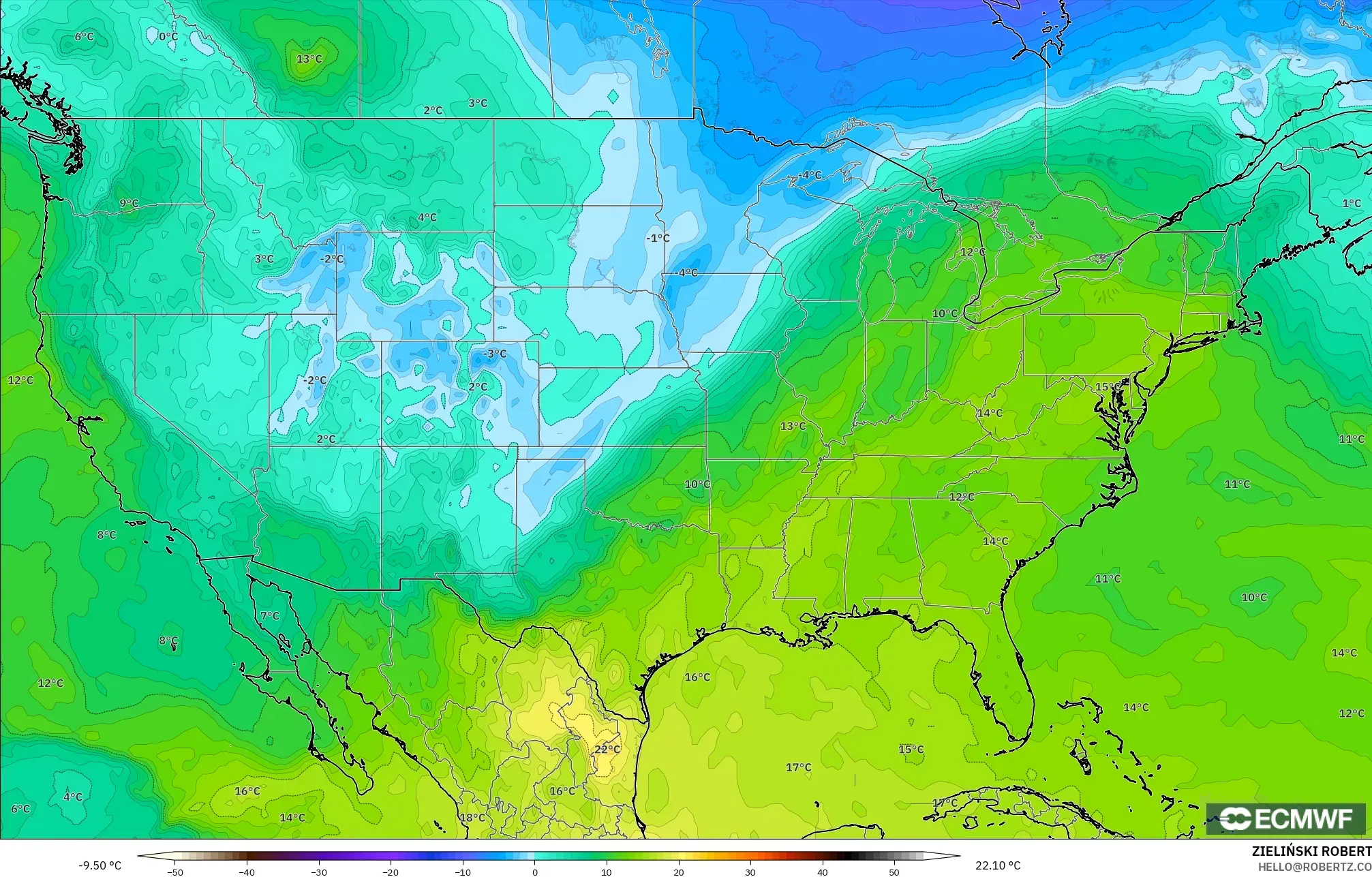 ECMWF IFS 0.25° model - United States, Temperature at 850hPa
