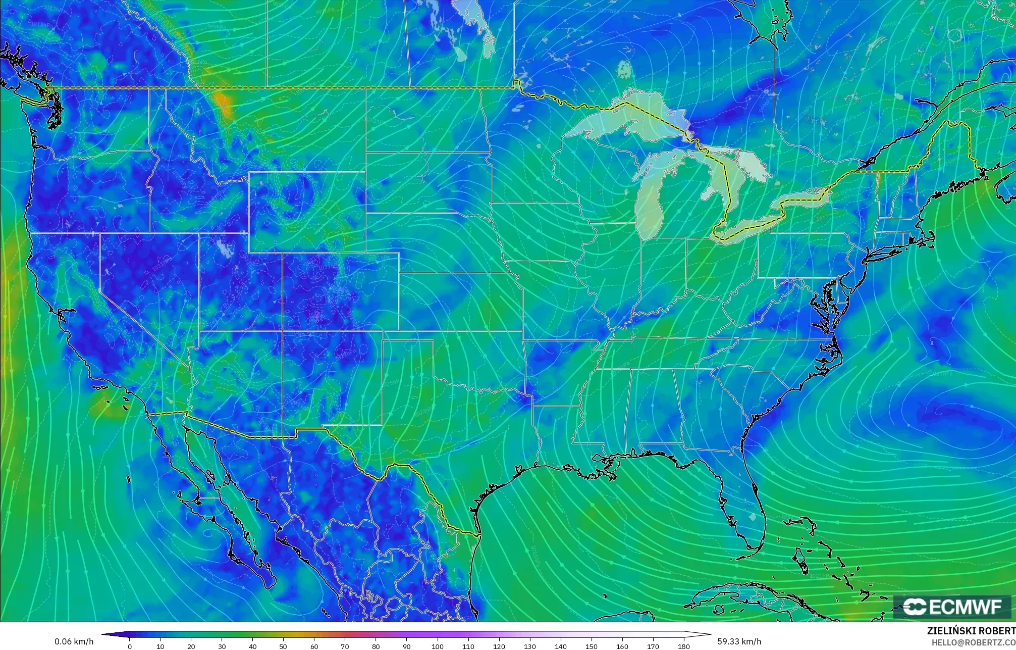 ECMWF IFS 0.25° model - United States, Wind at 10m