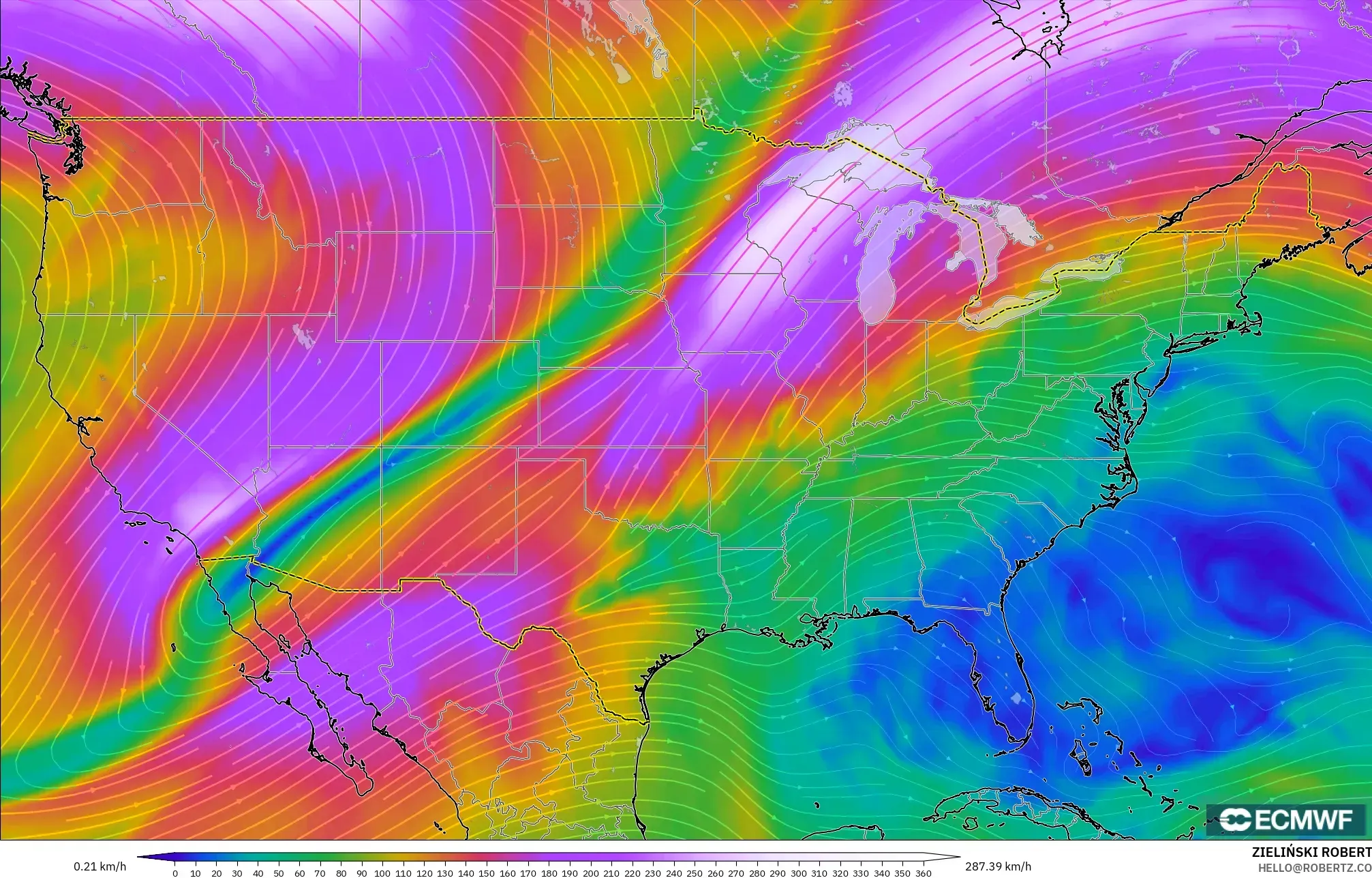 ECMWF IFS 0.25° model - United States, Wind at 300hPa (jet stream)