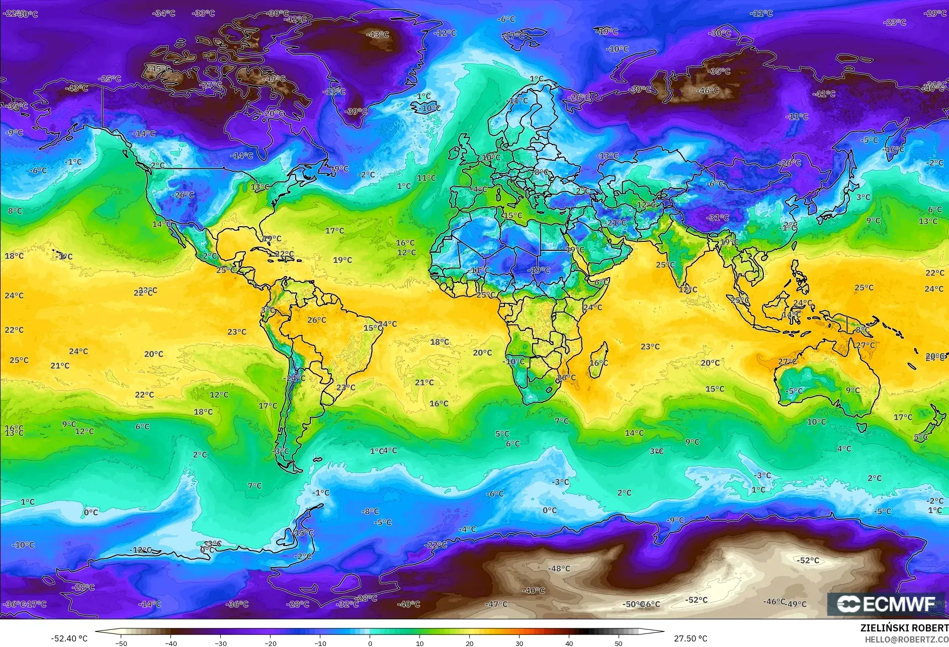 ECMWF IFS 0.25° model - World, Dewpoint at 2m
