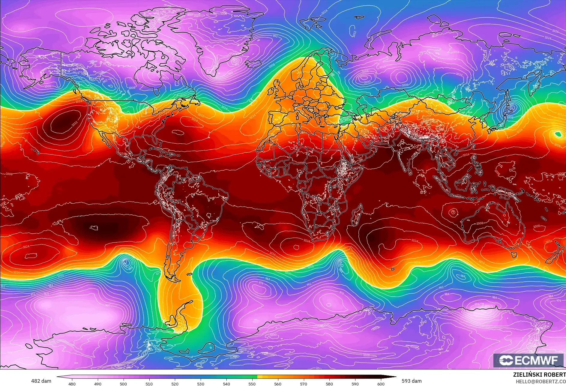 ECMWF IFS 0.25° model - World, Geopotential height at 500hPa