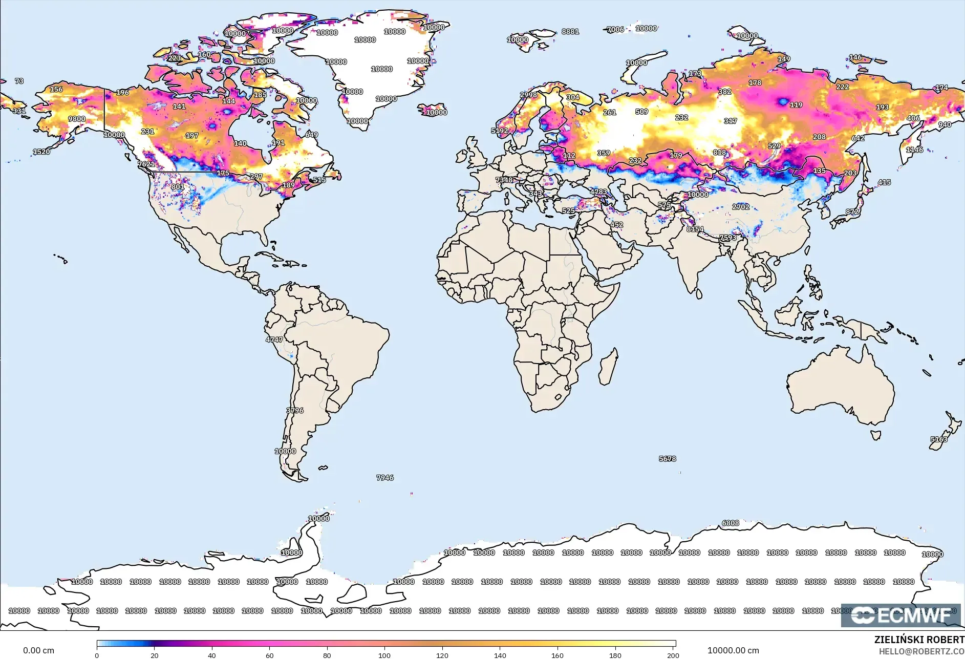 ECMWF IFS 0.25° model - World, Snow Depth