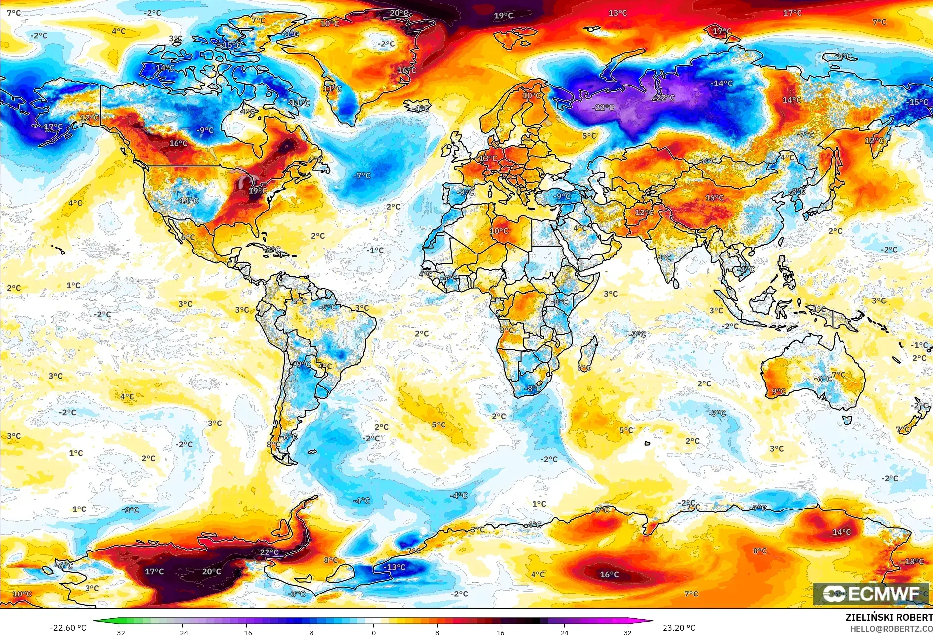 ECMWF IFS 0.25° model - World, Temperature at 2m Anomaly