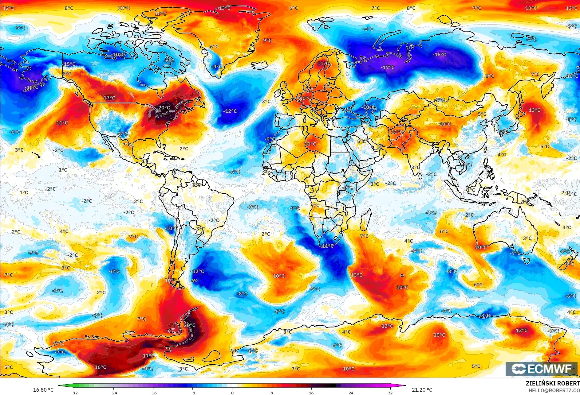ECMWF IFS 0.25° model - World, Temperature at 850hPa Anomaly
